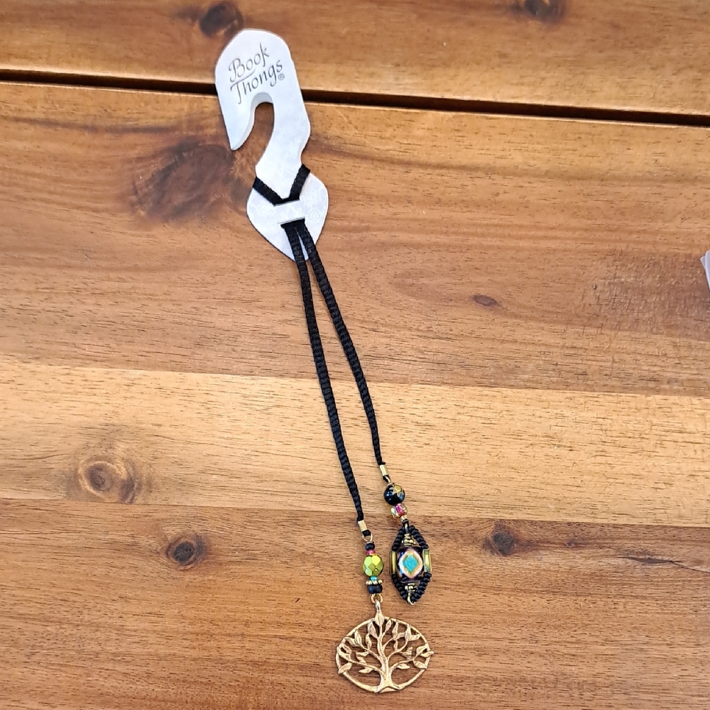 Book Thongs Bookmark With Tree & Beads, Stocking Stuffer, Gift